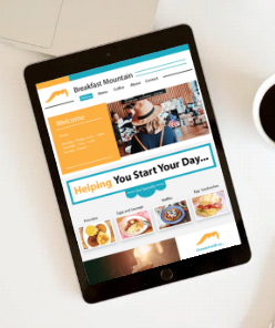 Layout image of the Breakfast Mountain website on a tablet